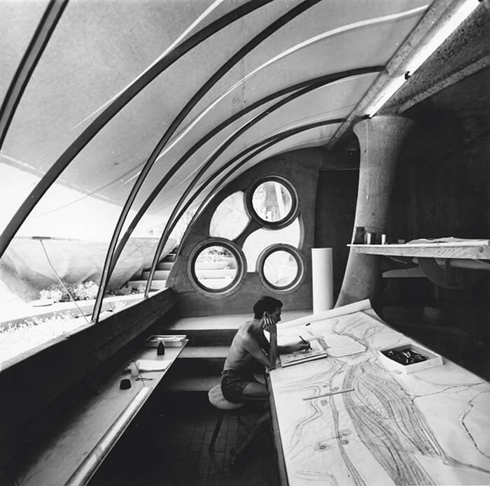 Stuart A. Weiner, Soleri sketching at his desk, Cosanti