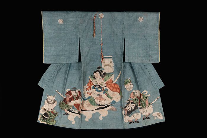 Boy's Miyamairi Ceremonial Kimono with Depictions of Momotaro and Defeated Demons, Japan,