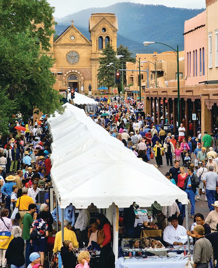 crowds and tents downtown Santa Fe during the Santa Fe Indian Market
