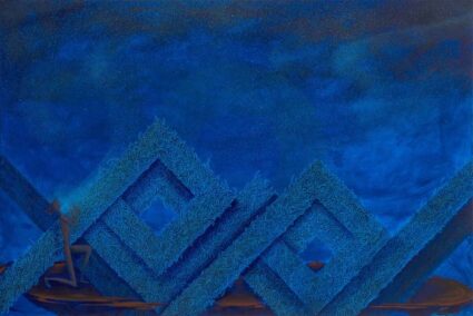 Blue oil painting by Thomas “Breeze” Marcus’s (Tohono O’odham) references Jewed Makai (Earth Medicine Man), a supernatural being and creator of the stars in O’odham cosmologies.