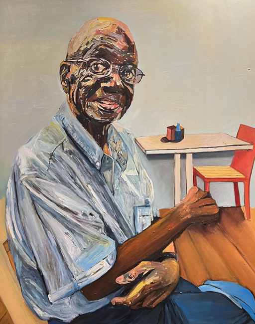 Beverly McIver's painting Father, Cardrew, Seated is on display at Container Santa Fe