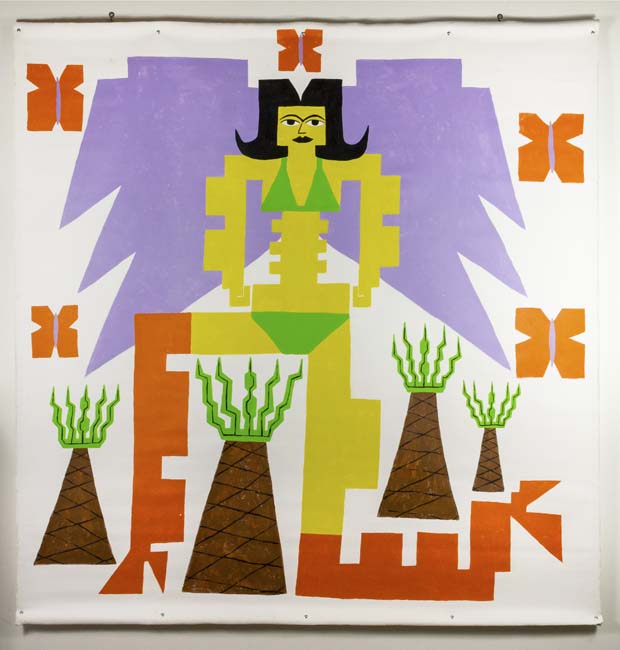 Painting of yellow figure of Assyrian style goddess with spiky palm trees by Esther Elia.