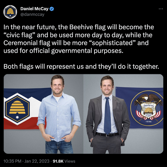 Daniel McCay tweet of new and old Utah state flags