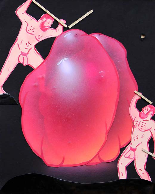 Erin Burrell painting of two nude men fighting a pink pair of oversized testicles
