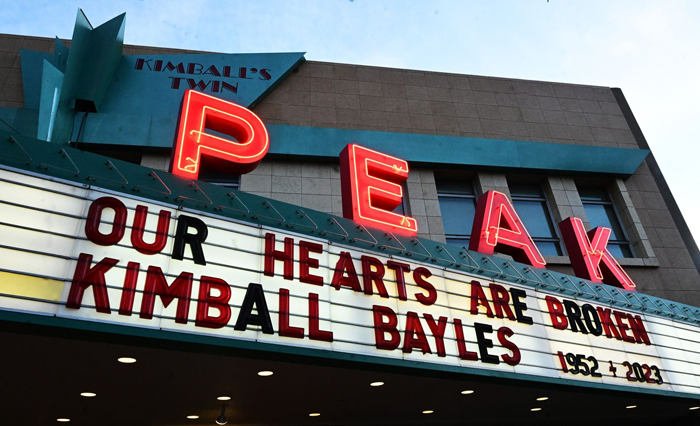 Kimball’s Peak Three Theater marquee announced death of Kimball Bayles