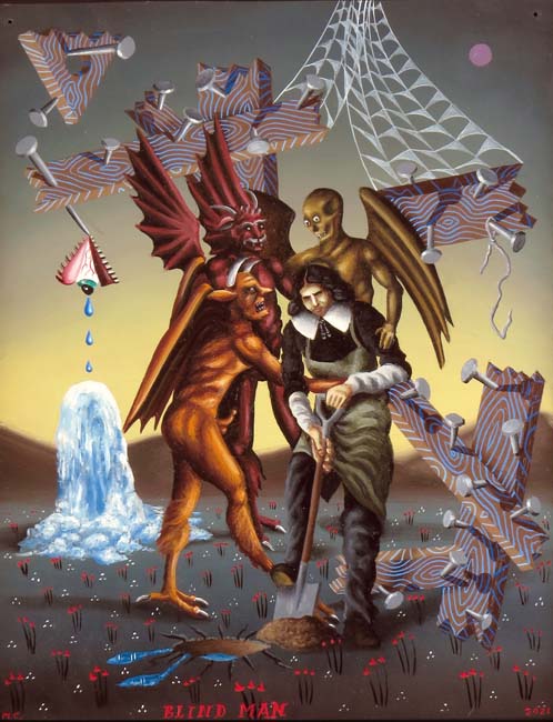 Oil painting by Matthew Couper depicting a 17th century Spanish settler digging a hole while accosted by three winged demons.