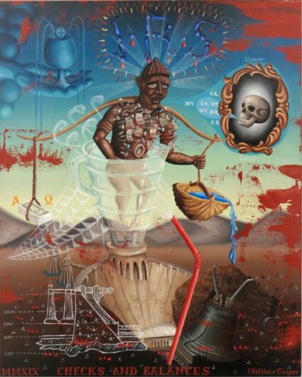 Oil painting by Matthew Couper, depicting a monumental figure with various IOU's hammered into it standing on a dam over a dried up reservoir.