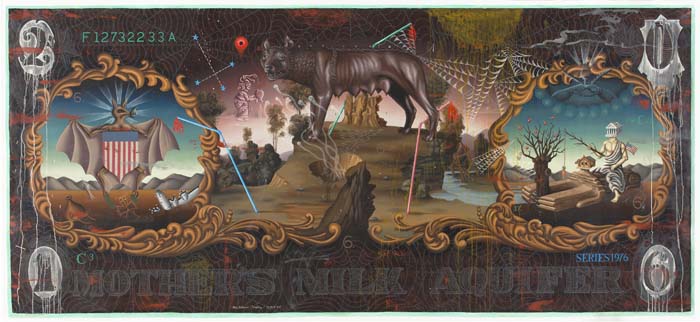 Oil painting by Matthew Couper with composition derived from a U.S. dollar, depicting the she-wolf of Rome over a desert Great Basin landscape, with spider webs, straws, and other symbolic elements, with the words "Mother's Milk Aquifer" below.