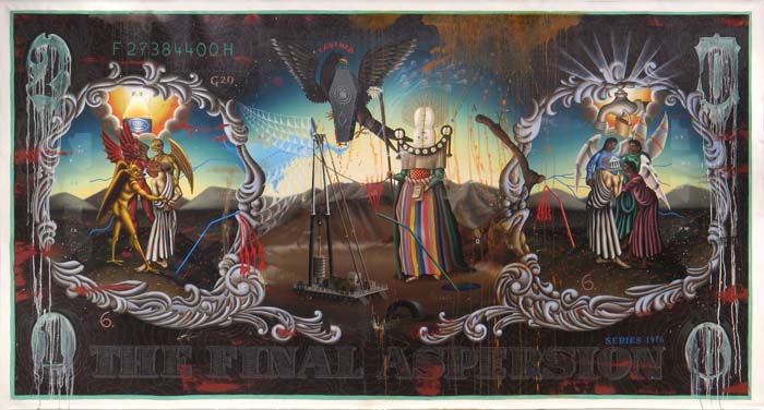 Oil painting by Matthew Couper with a composition following a US dollar bill, depicting various symbolic and mythical figures involved in various transactions, with the words "The Final Aspersion" written below.