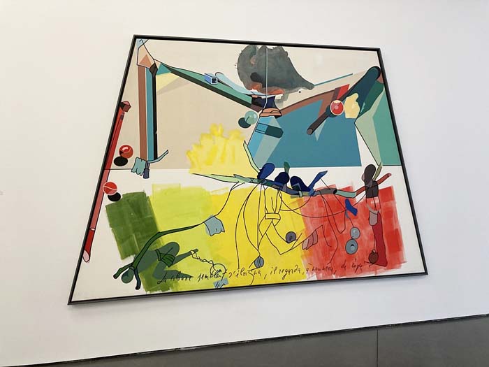 Painting by Hervé Télémaque on a trapezoidal shaped canvas.