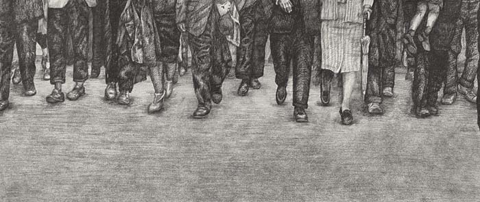 Graphite drawing by Nina Elder from a photograph, focusing on the feet of marchers in Selma, AL in 1965 as they advance onto the bridge.