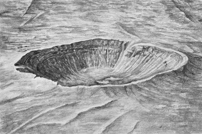 Graphite drawing of a crater by Nina Elder.