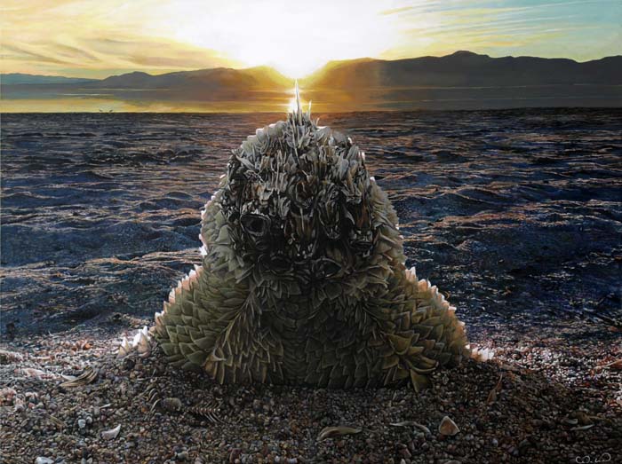Painting by Cedra Wood of a mass of fishbones on a shore with the sun setting behind it.