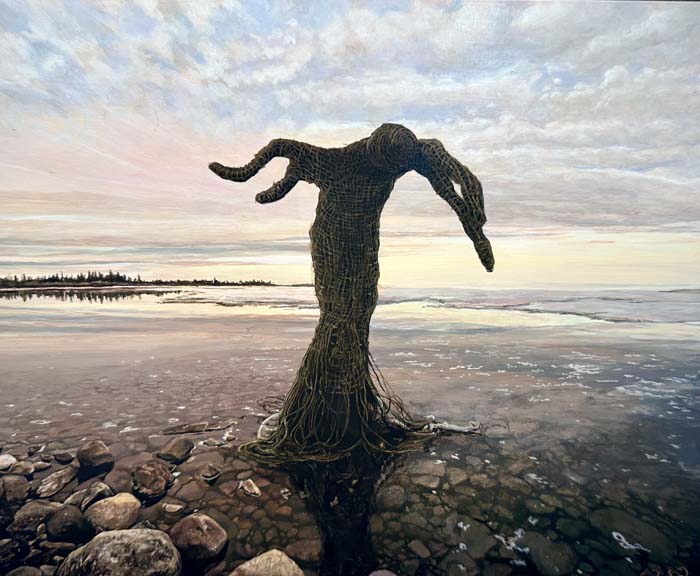 Painting by Cedra Wood of a silhouetted, truncated, tree-like yet leafless figure on a shoreline.
