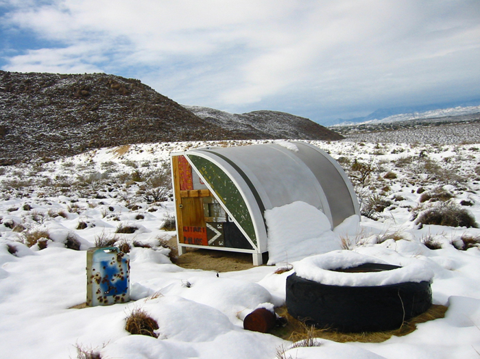 A work from Andrea Zittel’s A-Z Wagon Stations, First Generation at A-Z West in the snow
