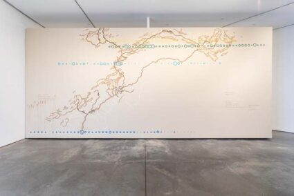 Mural of the Rio Grande with data points, at SITE Santa Fe.