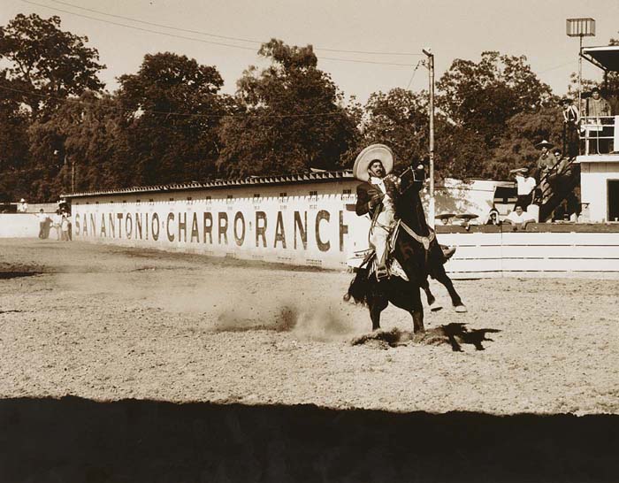 Silver gelatin print of a horse-reining Rayar, from a series of photographs of the San Antonio Charro Association in Texas by Al Rendón, in the exhibition Many Wests.