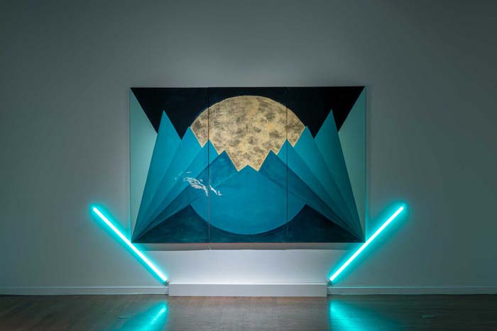 Painting by Matthew Sketch of a sun-like orb in gold leaf, flanked by bands of teal and two tubes of blue neon.
