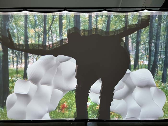 AI-generated forest landscape with a textured white arc and a silhouetted figure posing in a crouch with arms outstretched.
