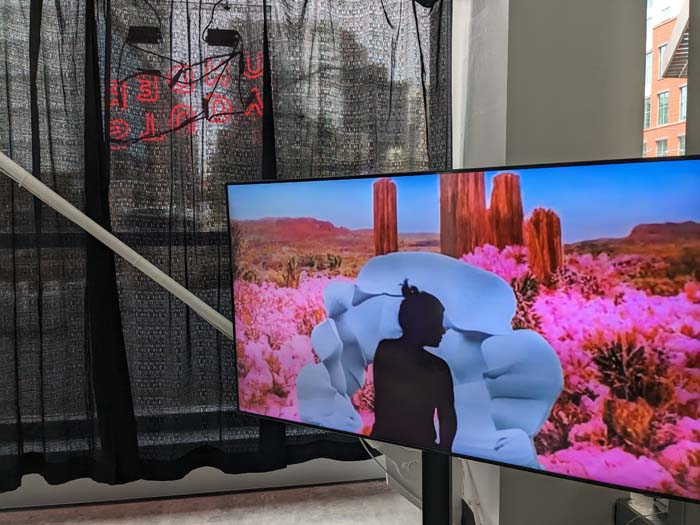 Installation view of Sam Grabowska's Intake, with a screen showing a silhouetted figure on a pink hued desert scene.