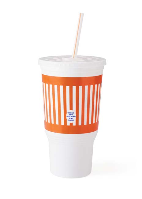 A fast-food drink cup with orange and white stripes against a white background.