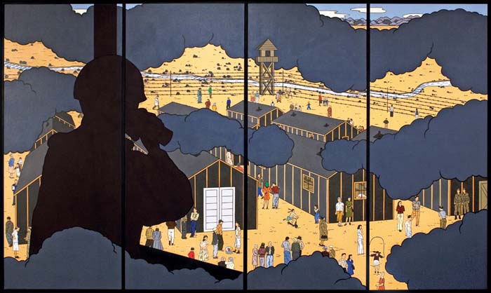 Acrylic painting that shows a view of a Japanese internment camp with a silhouetted soldier looking on.