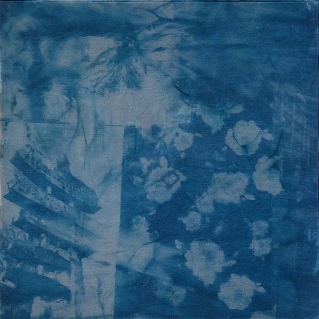 Cyanotype and grey collage on fabric