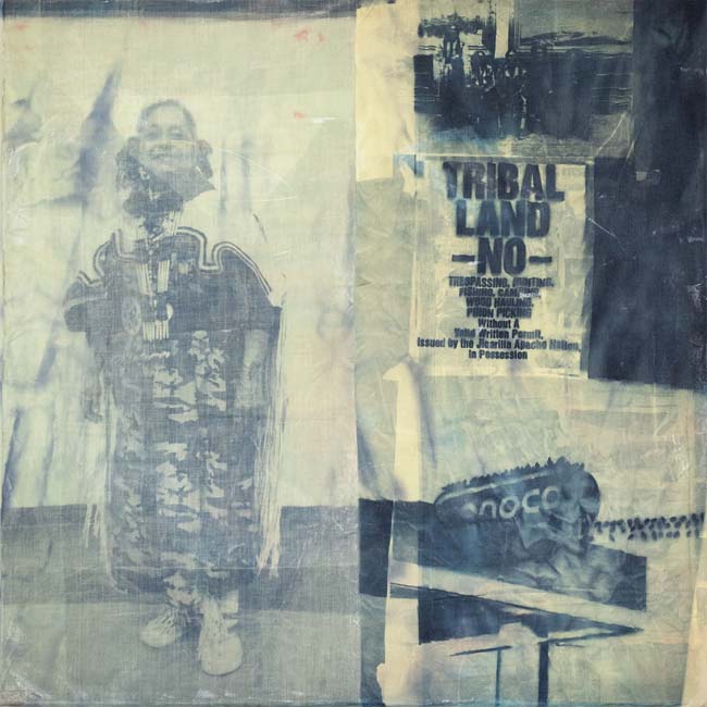 Cyanotype collage of a smiling Apache woman and a sign that says "TRIBAL LAND"