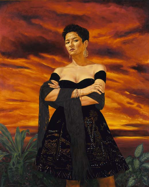 Portrait of renowned Chicana novelist and poet Sandra Cisneros, standing before a fiery sunset, dressed in a black traditional Mexican skirt.