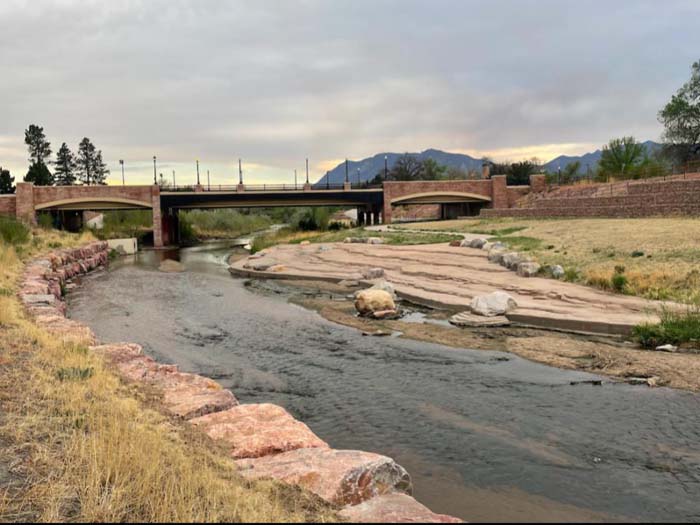 A section of Monument Creek as it flows beneath the Uintah Street bridge near Colorado College