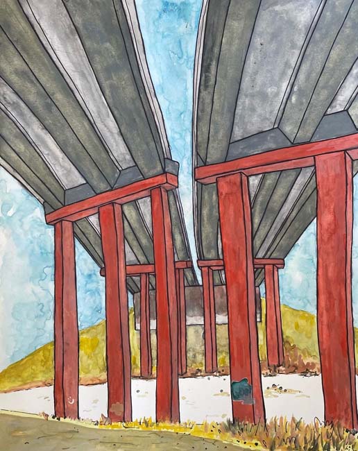 Gouache drawing of two overpasses spanning a river
