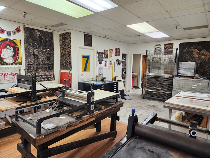 Inside of Familia Printshop, a printmaking collective and the first of its kind in Dallas.