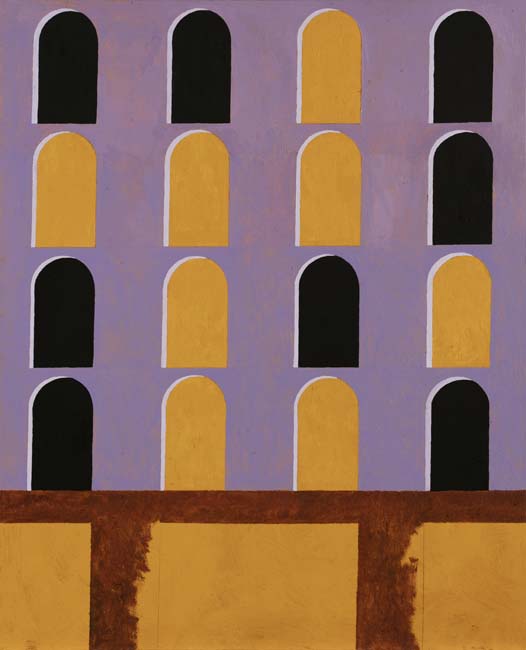 Painting in purple, black, and raw sienna, of lines of arched doorways.