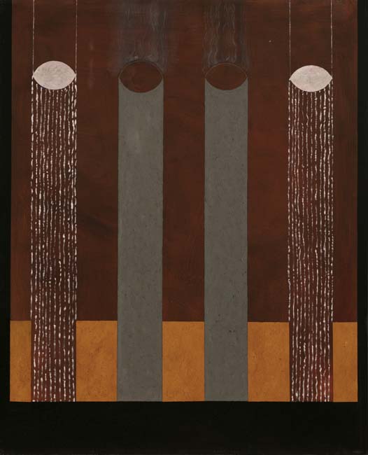 Brown painting with four vertical columns, two gray and two pink, with ovals capping each column.