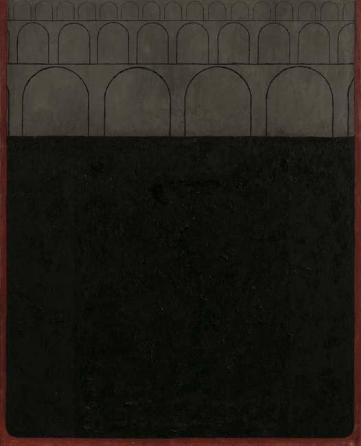 Black painting with gray arches on top.