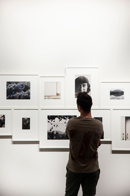 A viewer looking at a cluster of framed photographs by Hazel Larsen Archer on a white wall.