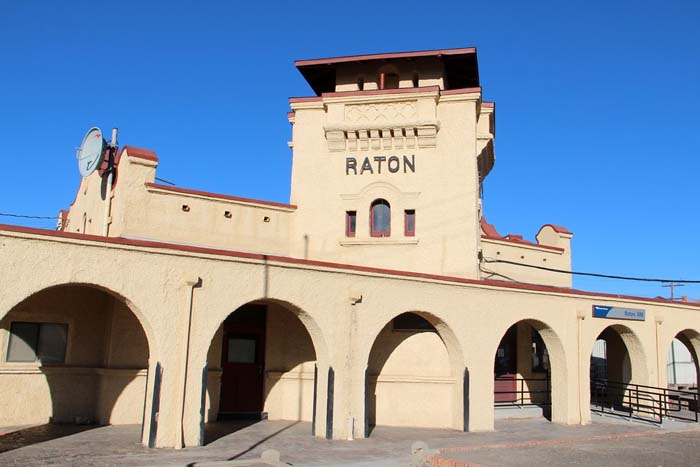 Historic 1903 Atchison, Topeka and Santa Fe Railroad (AT&SF) depot in Raton, New Mexico. 