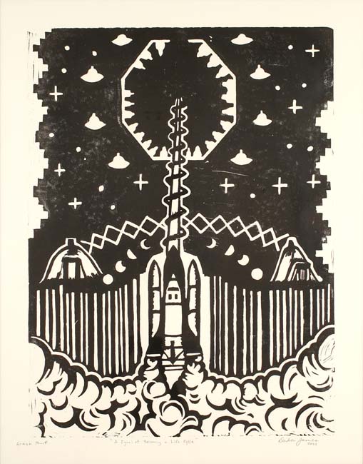 Black and white linocut print depicting a spacecraft launch into a black night sky with geometric motifs.