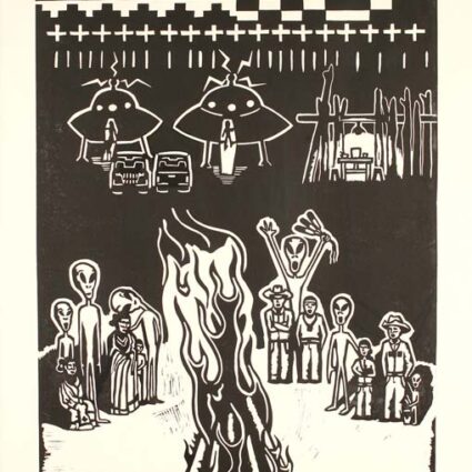 Black and white linocut print depicting a Diné gathering with extraterrestrials around a fire, with alien ships in the sky above.