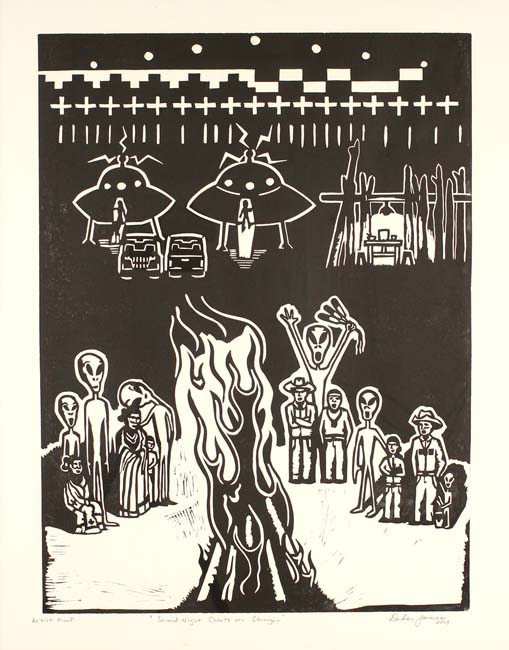 Black and white linocut print depicting a Diné gathering with extraterrestrials around a fire, with alien ships in the sky above.