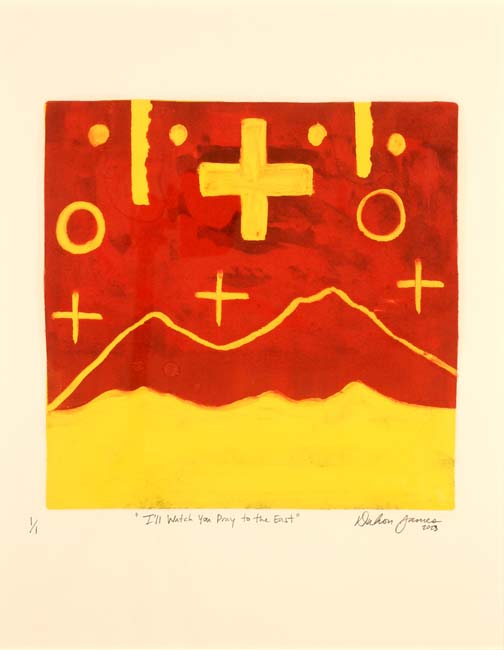 Monotype print in red and yellow with a mountain landscape and circle and cross motifs in the sky.