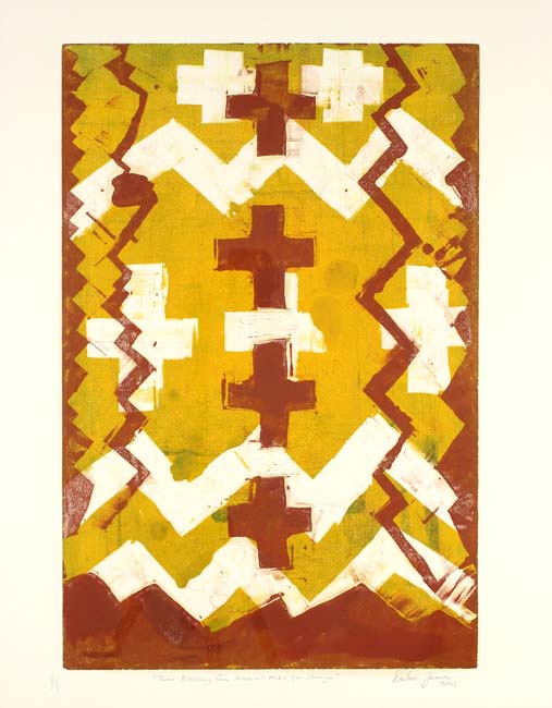 Monotype print by Duhon James with reddish brown crosses and zig zags over yellow background.