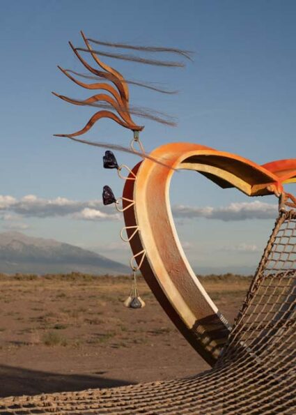 Detail of heart shaped support for hammock sculpture by Marguerite Humeau in Orisons, with kinetic elements.