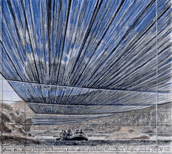 A work of unrealized environmental art by Christo, as a drawing of blue iridescent fabric suspended over a wide river with a river raft expedition floating underneath.