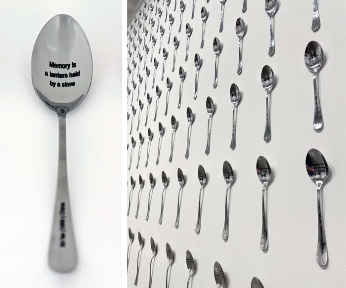 Diptych with a silver spoon on the left with the words "Memory is a lantern held by a slave" printed on it, and on the right a wall of spoons hung in a grid.