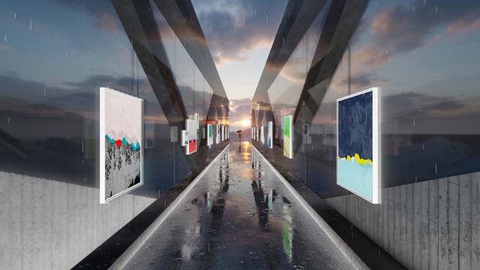 Virtual reality environment of a long, open air hallway, with artworks hung along the walls.