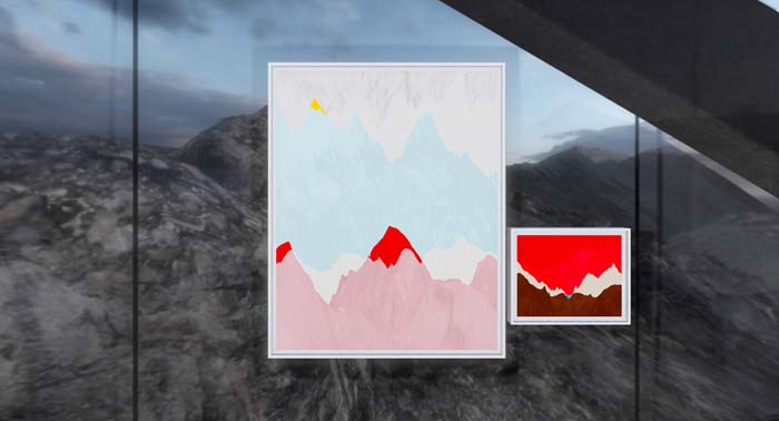 Virtual reality artworks of mountains in red and blue.