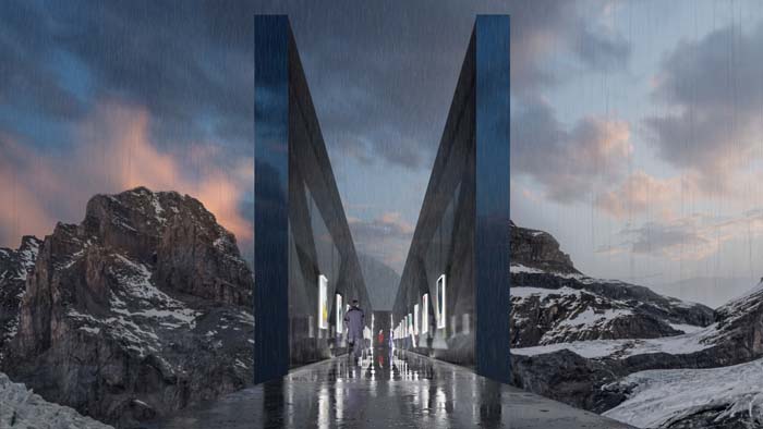 Virtual reality environment of a long, open air hallway, with dramatic snow patched rocky mountains in the background.