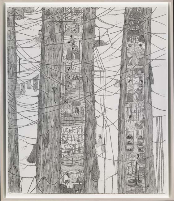 Graphite drawing of tree trunks with living spaces inside them, connect by long strands of hair.