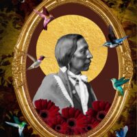 Digital photo collage with a black and white profile portrait of a Ute Indian surrounded by hummingbirds in a gilt frame.